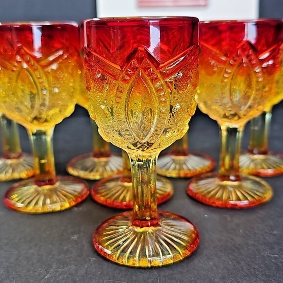 8pc Set Cadmium Amberina Cordial MCM Vintage Water Wine Glasses Rare WOW! - Picture 2 of 16